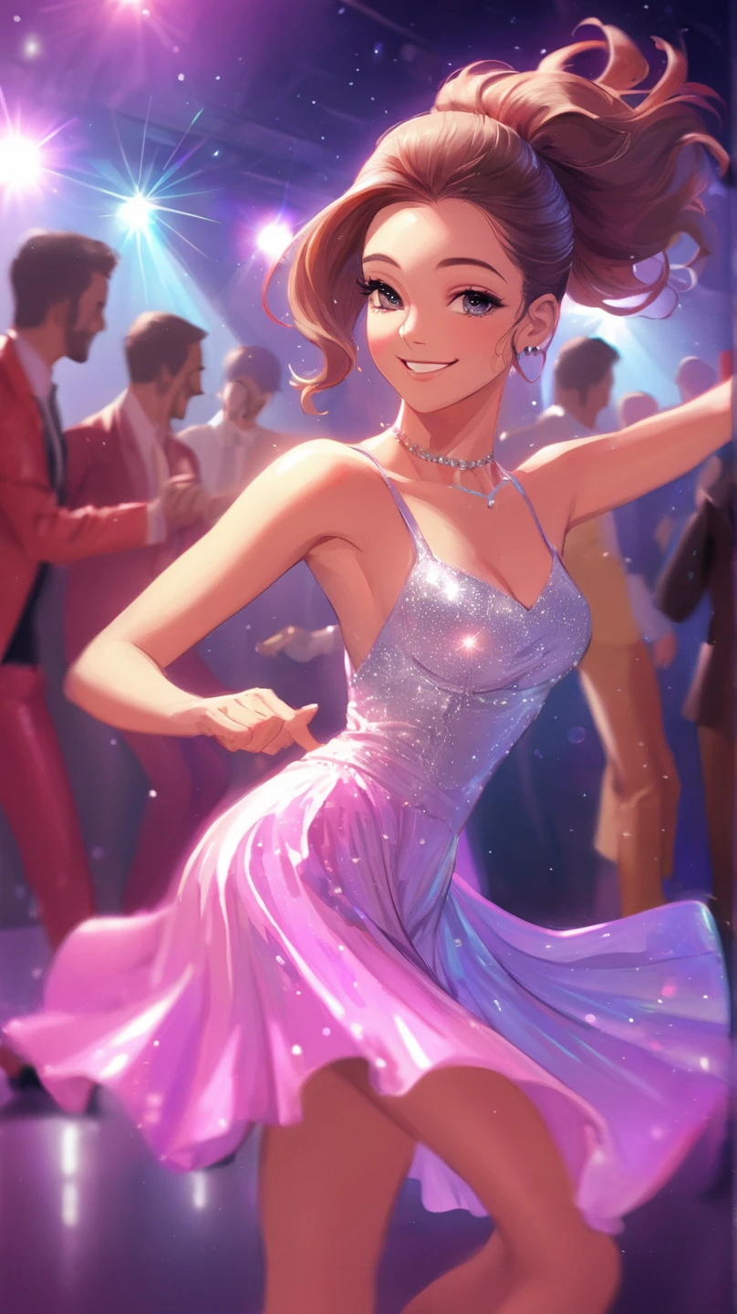 high quality, 45k, super realistic, photorealistic, detailed portrait,Asian desi female with Long dark brown wavy hair, grey eyes , thin glossy lips , light makeup wearing royal blue A-Line dress with white ankle strap pump as she having a wine glass as  people dancing behind in a club full length view