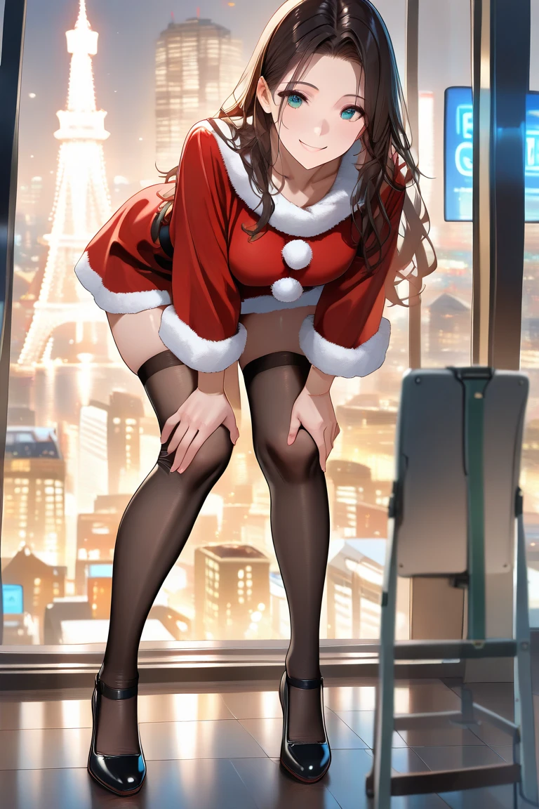 ((masutepiece, Best Quality, hight resolution, nffsw, Perfect Pixel, 4K, nffsw, nffsw))), 1girl in, Single, Solo, Beautie、full body seen、 ((Medium length wavy hair, Bangs, Brown hair)), ((Brown-eyed, Beautiful eyelashes, Realistic eyes)), ((Detailed face, Blushing:1.2)), ((Smooth texture:0.75, Realistic texture:0.65, Photorealistic:1.1, Anime CG style)), medium breasts, Dynamic Angle, Perfect body, (Santa Claus Costume、Red knitted hat、Red off-the-shoulder sweater、Long flared skirt、no-bra)), Christmas Lights、Looking up from the bottom of the stairs、Very embarrassing panic smile、Open your mouth and make a surprised face、 turned around、bending forward、(The wind flipped my skirt and exposed my butt...................................................、stick out your butt、Touching the buttocks with both hands、White lace panties)、