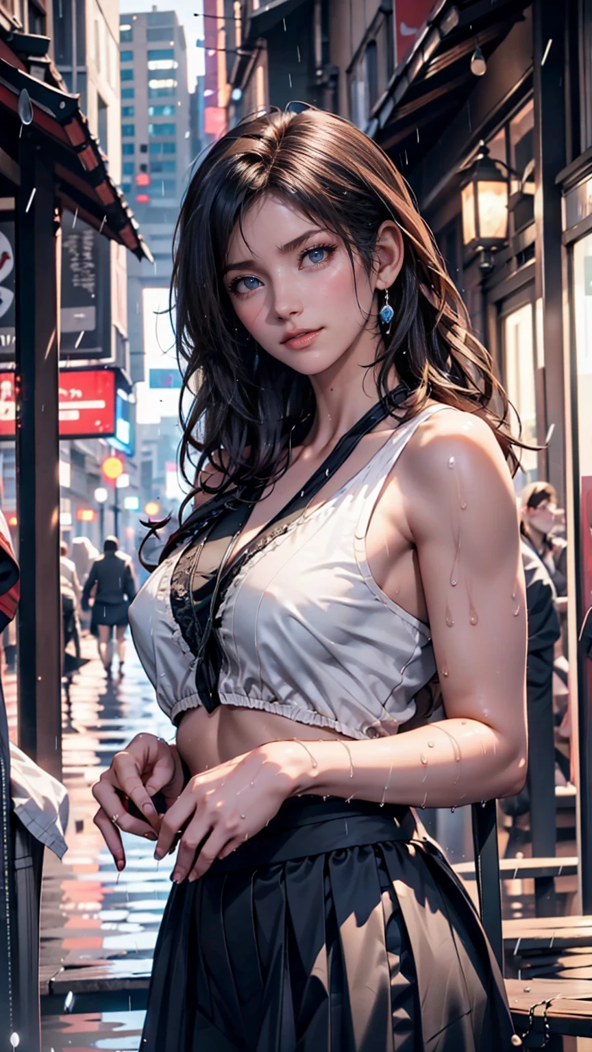 A woman standing on a street corner in a city at night with neon lights shining。She is wearing a chic coat、He has a thoughtful look on his face.。In the background are dim car headlights.、Feel the hustle and bustle of a bustling city、24-year-old woman、Sexy proportionature female body、Sexy proportionakeup、Lips with red lipstick、Textured skin((textured skin))、smile、Narrow waist