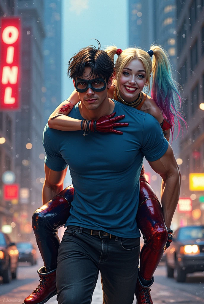 raising an Asian girl with a masculine Asian boy who is much taller than the girl. side-by-side, with pink Starfire clothes, with pink hair on the girl and for the boy in Robin clothes. Starfire and Robin are from Teen Titans, the image has to be realistic, as if it were a photo. The two being adult boyfriends