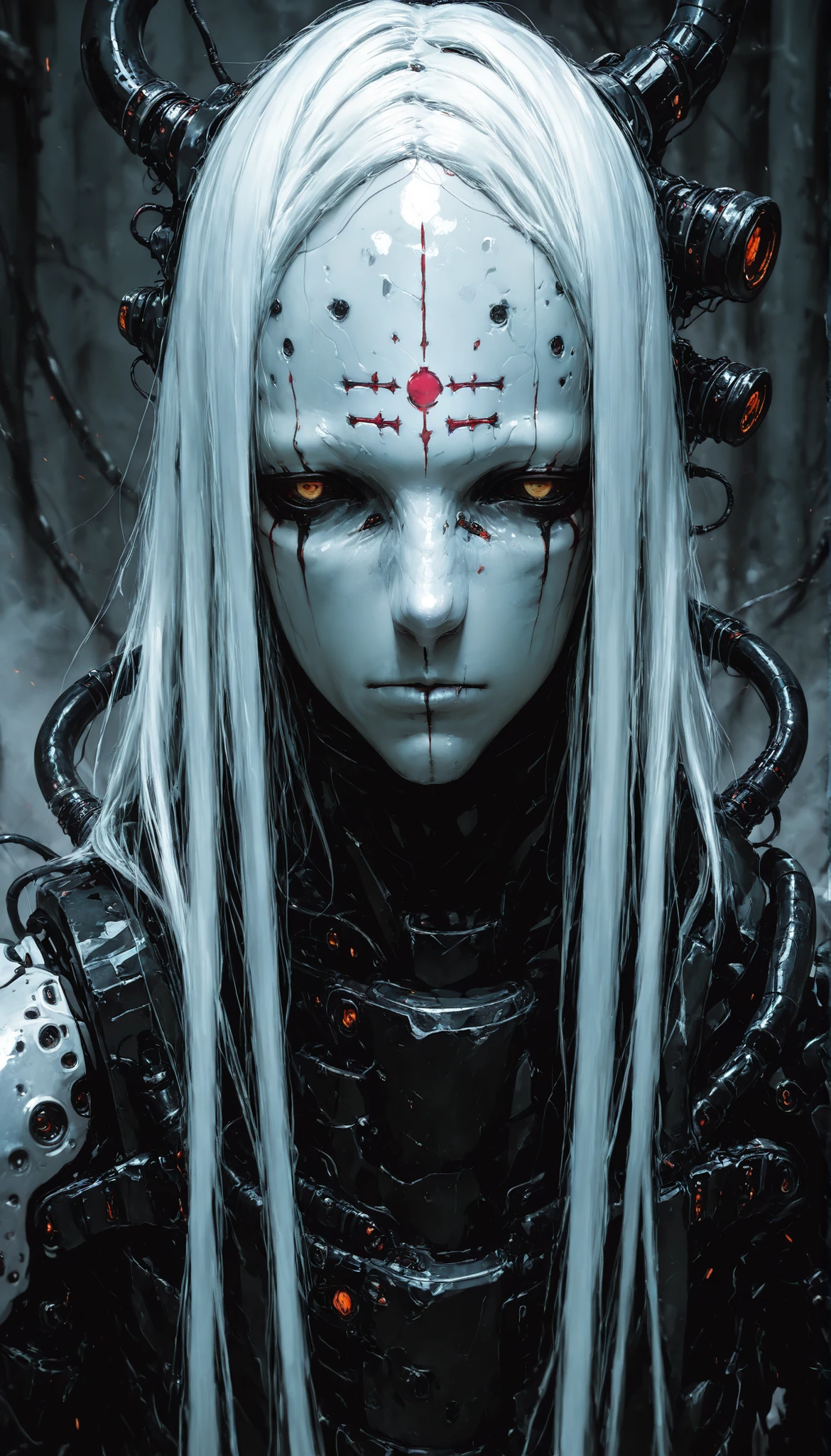 capa negra, white hair, forehead tattoo ,murderer, cyborg