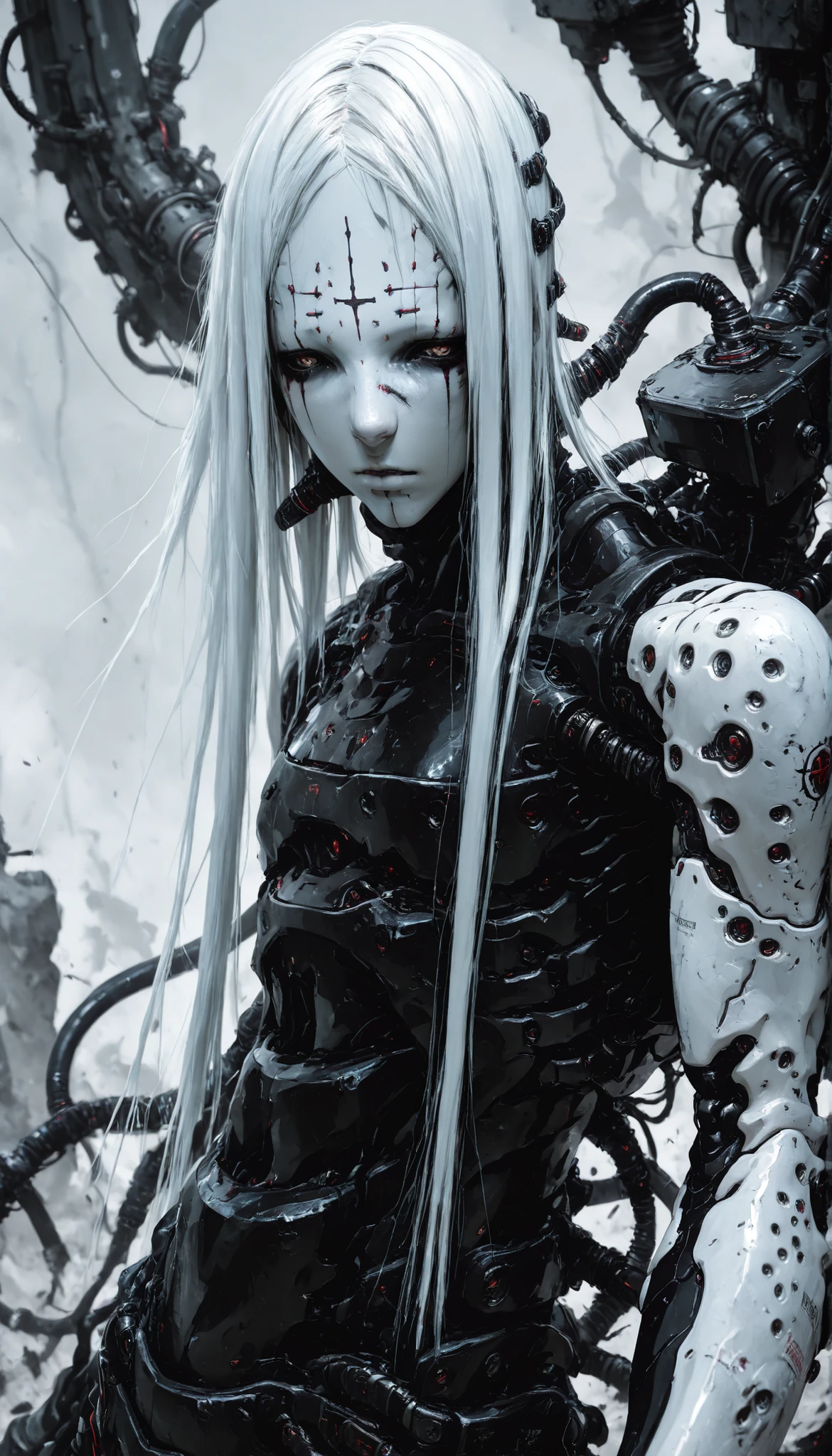 capa negra, white hair, forehead tattoo ,murderer, cyborg