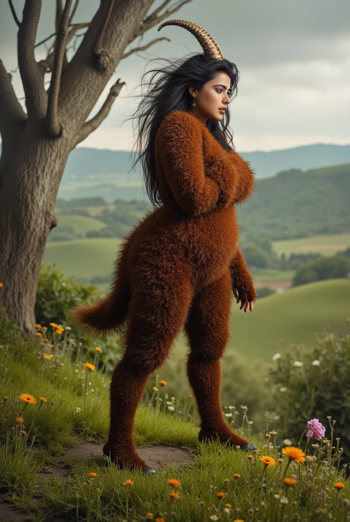 RAW photo, photo of a chubby scottish woman with a hairless tail attached to the base of her spine, standing in the highlands, stormy day, overlooking a lake, breathtaking scenery, (photorealistic, ultradetailed:1.3), 8k uhd, dslr, soft lighting, high quality, film grain, Fujifilm XT3