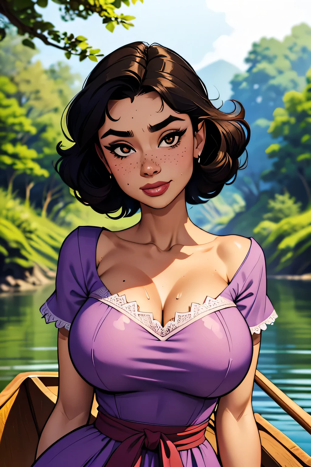( Absurdo, hd , Ultra detailed, be careful with your hand ) Close-up view of a thin and athletic woman , 25 anos, 8k (( high definition )), sighing smile , look seductive, brown eyes, wearing a long waisted lilac-colored dress (( with canoe neckline , short sleeves )), thin waist, her arms are at the sides of her body, ebony skin , black hair (( Short and curly )), She is hiking through the forest (( upper body )), with freckles on the neck and breasts , (( big breasts, Sweaty and round, suaves )), (( Well defined collarbone)). Marvel style ((hq)), dense forest in the background.