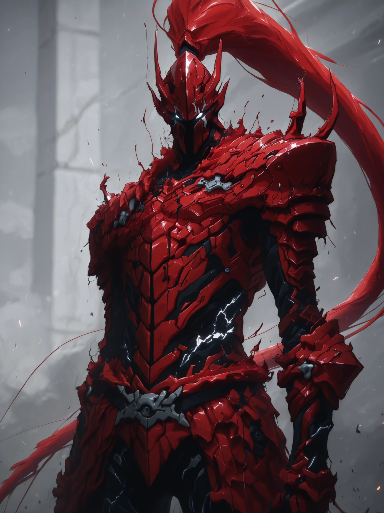 capa negra,a boy,armor,damaged helmet, blood_IGRIS, brilliant, white eyes, helmet with red tail, armor negra y morada,