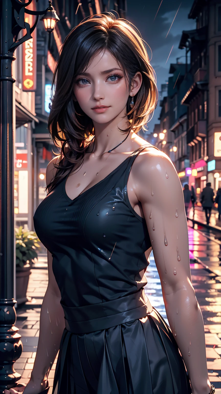 ((Highest quality, 8k, masterpiece :1.3)), whole body, Sharp focus :1.2, Beautiful woman with perfect figure :1.4, Slim Abs :1.2, ((Dark brown hair, Big Breasts :1.2)), Tank top dress :1.1, (Night city view, Modern balcony :1.1), Highly detailed face and skin texture, Detailed eyes, double eyelid