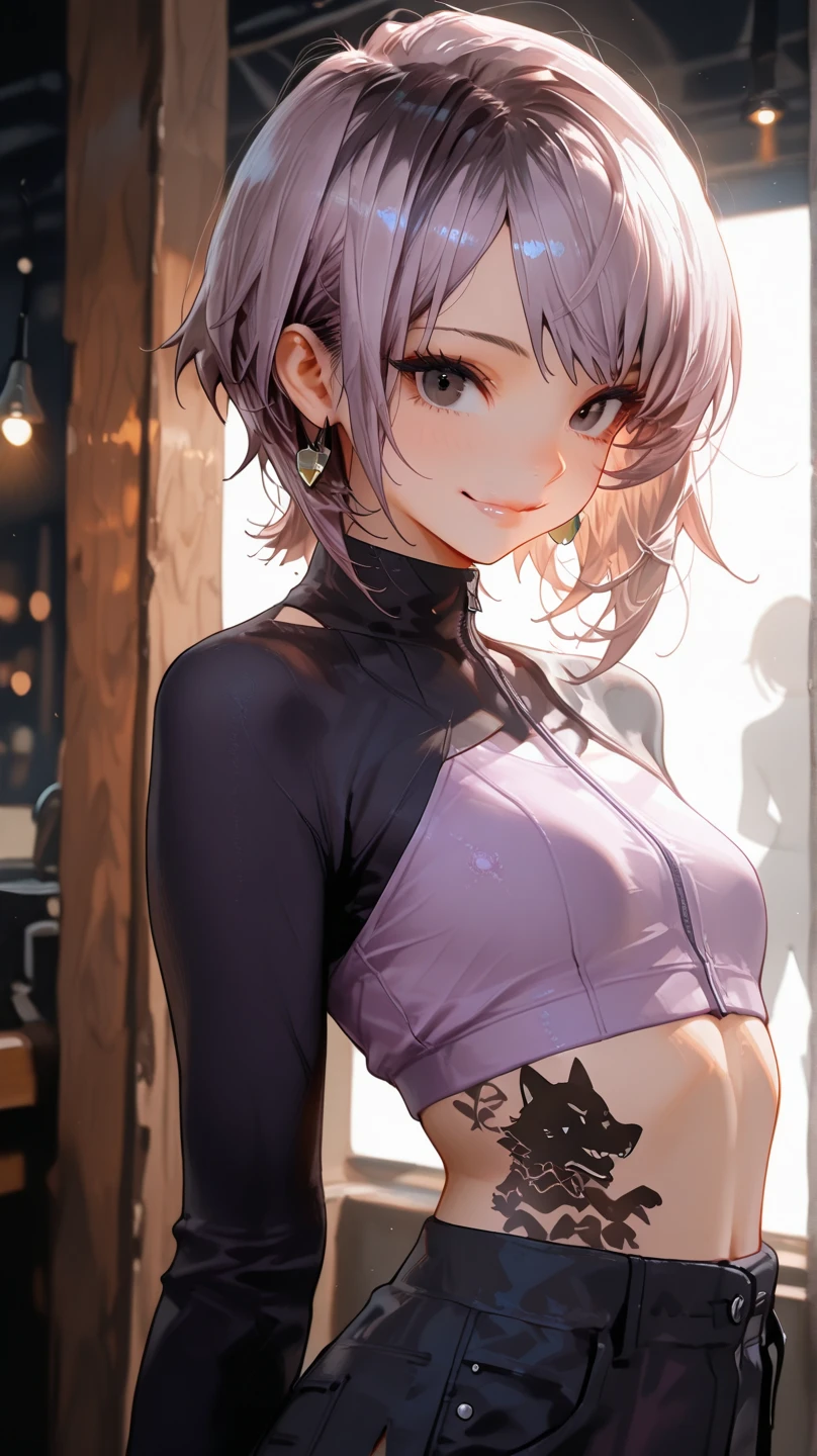  ((anatomically correct hand:1.5)), sexy, ((Kyoto animation style:1.5)), ultra precision, masterpiece, really beautiful, princess face, ((1 female)), ((alone:1.5)), ((pink hair:1.5)), ((bob cut 1.5)), break, ((black eye)), shortcut, ((straight hair)), break, complete limbs,((Refers to the whole:1.5)), ((Silver Crop Top:1.5)), off shoulder, break, ((black skirt:1.5)), break, professional lighting, (25 years old), tight waist, shiny skin ((brown skin)), ((oily skin)), glowing skin, looking at the viewer, cowboy shot, ((dynamic pose:1.5)),  looking at camera, in the room, sexy, slight smile, mouth slightly open, ((model pose:1.5)), ((arms behind)), super detailed face, ((thin lips:1.5)), sexy, ((droopy eyes)), slight smile, sexy, looking at camera, sexy, Big eyes, ((shiny costume:1.5)), ((big )),