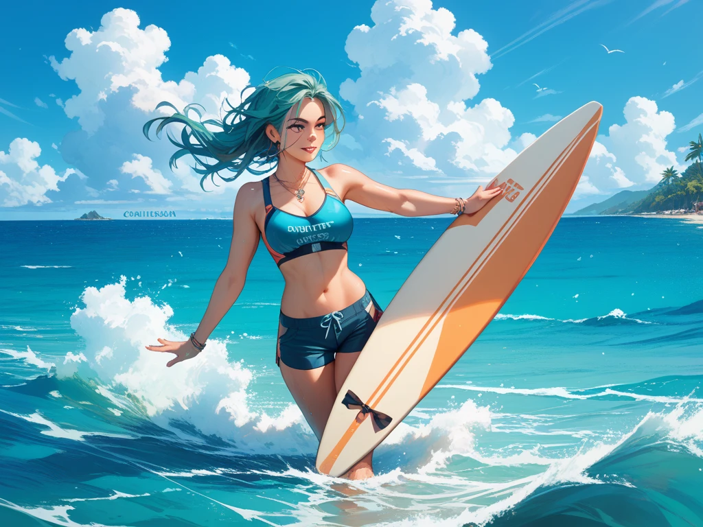 a digital 2.D painting of a woman on a surfboard in the middle of a wave, epic smooth illustration, surfing, surf, beautiful digital illustration, stylized digital illustration, digital cartoon painting art, exciting illustration, digital illustration -, big wave, illustrative art, cartoon vibrant, stylized illustration, epic digital art illustration, pinup art, fabulous illustrations, smooth illustration, big wave surfing, fullbody, red bikini