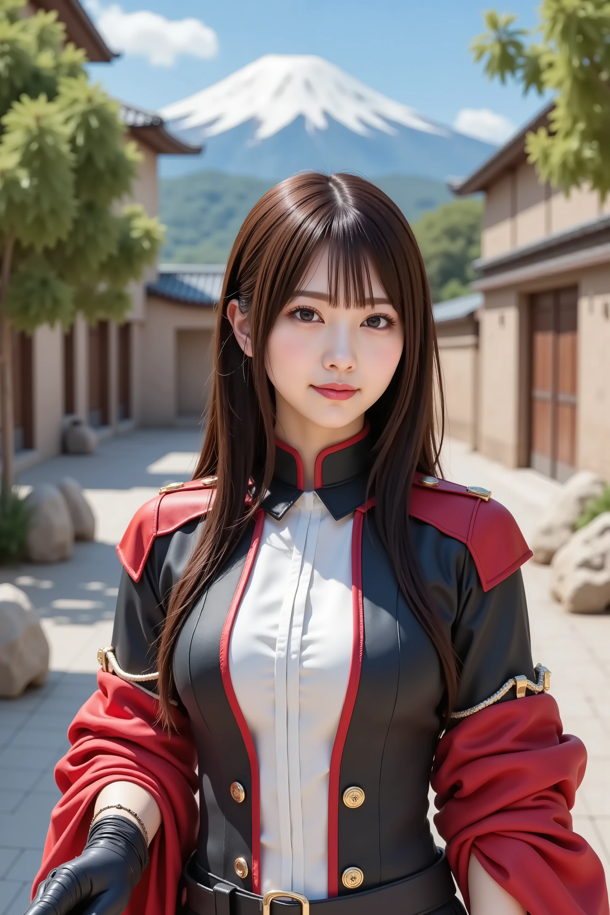 chihiro, firm breast, by adjusting the framing so the subject's full head is visible within the composition, with the crop showing only from just above the bust to slightly above the top of the head. a highly detailed and realistic digital illustration of a female character in a stylized military-inspired fantasy outfit, standing in an outdoor courtyard with mountains and traditional architecture in the background, by adjusting the framing so the subject's full head is visible within the composition, with the crop showing only from just below the shoulders to slightly above the top of the head. Ensure there is a comfortable amount of background space above the head to establish spatial context. She is wearing a striking combination of black, red, and white garments that merge structured uniform elements with decorative fantasy flair.
The outfit combines formal structure with fantasy elements. The fitted black and red bodice features sharp lines, gold button accents, and diagonal cuts that shape the torso. A vertical white shirt panel beneath the jacket is neatly pleated and contrasts with the darker outer layers. The jacket has shoulder flaps, gold cord details, and a high collar with a small metal clasp at the throat.
Her arms are adorned with asymmetrical accessories: one side has a long black glove that reaches past the elbow, while the other features a red sleeve tied with a bow and held in place by a thin gold chain. A wide black belt with a brass buckle cinches her waist, contributing to the tailored look.
In the background, a stone-paved courtyard extends outward, surrounded by buildings with dark tiled roofs. To the side, stone steps ascend between trees and rocks. In the distance, a tall snow-capped mountain rises above the treeline under a clear blue sky. Green trees provide shade, and warm sunlight casts soft shadows over the path and walls.
The composition emphasizes the balance between strong fashion design and the calm, natural elegance of the outd
