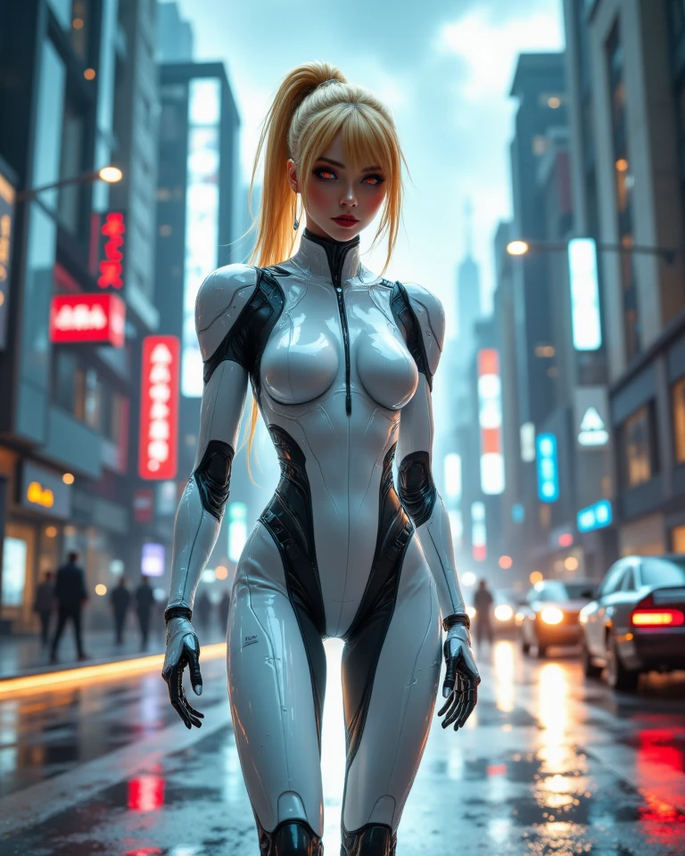 1girll， tmasterpiece，realisticlying，photorealestic，ultra - detailed，golden hair，15year old，Dynamic light and shadow，A high resolution，choker necklace，Korean beauty facial features，pupil realistic，A-Cup，Cyberpunk-city，Street view illuminated by signs，the complex background，Petite loli，Pure and seductive expression，Mecha style clothing，Clothes made of translucent materials，The clothes are little，delicate leg，Barefoot，close-up all over the body