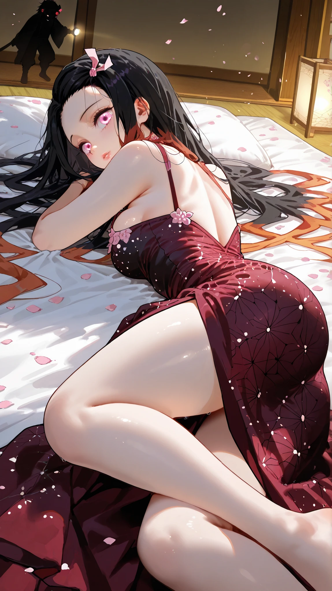 lying pose, Silk dress
Nezuko Kamado, de Demon Slayer: Kimetsu no yaiba, lies on her side on a futon with red silk, bent leg, In a sensual line. A dark red silk dress, with slit in the thigh , replaces her kimono, embracing her curves. Her eyes express melancholy, with her lips parted back and a subtle tear, reflecting her internal struggle. The focus is wide, capturing the body, with a lateral angle at ground level, highlighting the silhouette against lanterns. Her hair They sound like a waterfall, with moonlight reflections . Cherry petals surround her, moved by the breeze. the light from the flashlight illuminates your face, while moonlight reflects on the dress. Shoji doors reveal the evening, reinforcing the mystical aura of Nezuko, a demon with a human heart.

