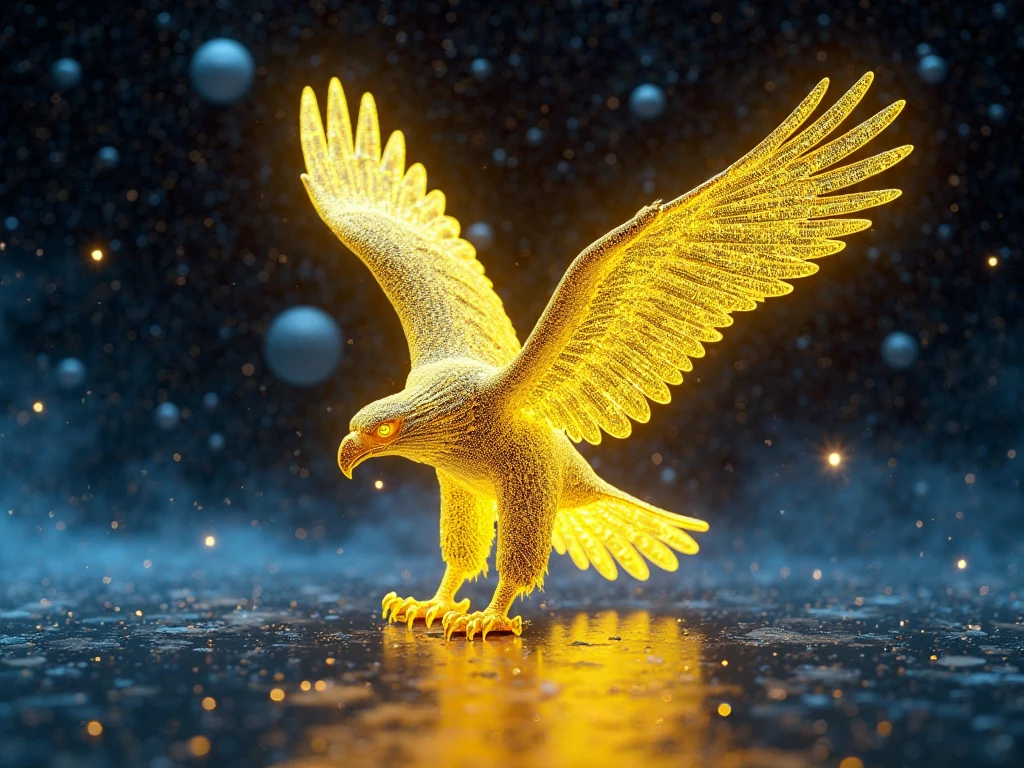 A griffin with wings woven from shimmering fibreoptic threads, soaring through a starry night sky FiberOptic <lora:FiberOptic:1>, <lora:EnvyBetterHiresFixXL01:0:hr=1>