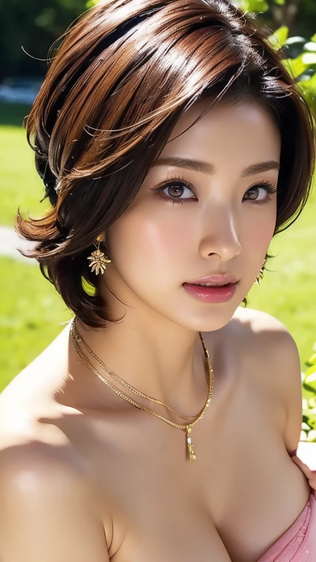 ((highest quality, 8k, masterpiece :1.3)), Sharp focus :1.2, Beautiful woman with perfect figure:1.4, Slim Abs:1.2, ((Layered Hairstyles, Great tit:1.2)), (Jacket and bra , Good strap), (garden:1.2), Highly detailed face and skin texture, Detailed eyes, double eyelid, necklace, whole body, Mid Shot