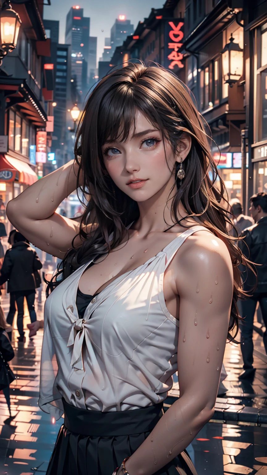(best quality, 4K, masterpiece :1.3), pretty Woman, 1 girl, Sexy :1.1, Dark brown hair: 1.1, Half up half down Half up half down, (wet from rain, wet by rain, wet :1.2), White vest, Ultra-detailed face, Detailed lips, super detailed eyes, double eyelids, long upper eyelashes, Soft skin, 8k, Super detailed, Ultra high quality, retina, High resolution, masterpiece, Winning, accurate