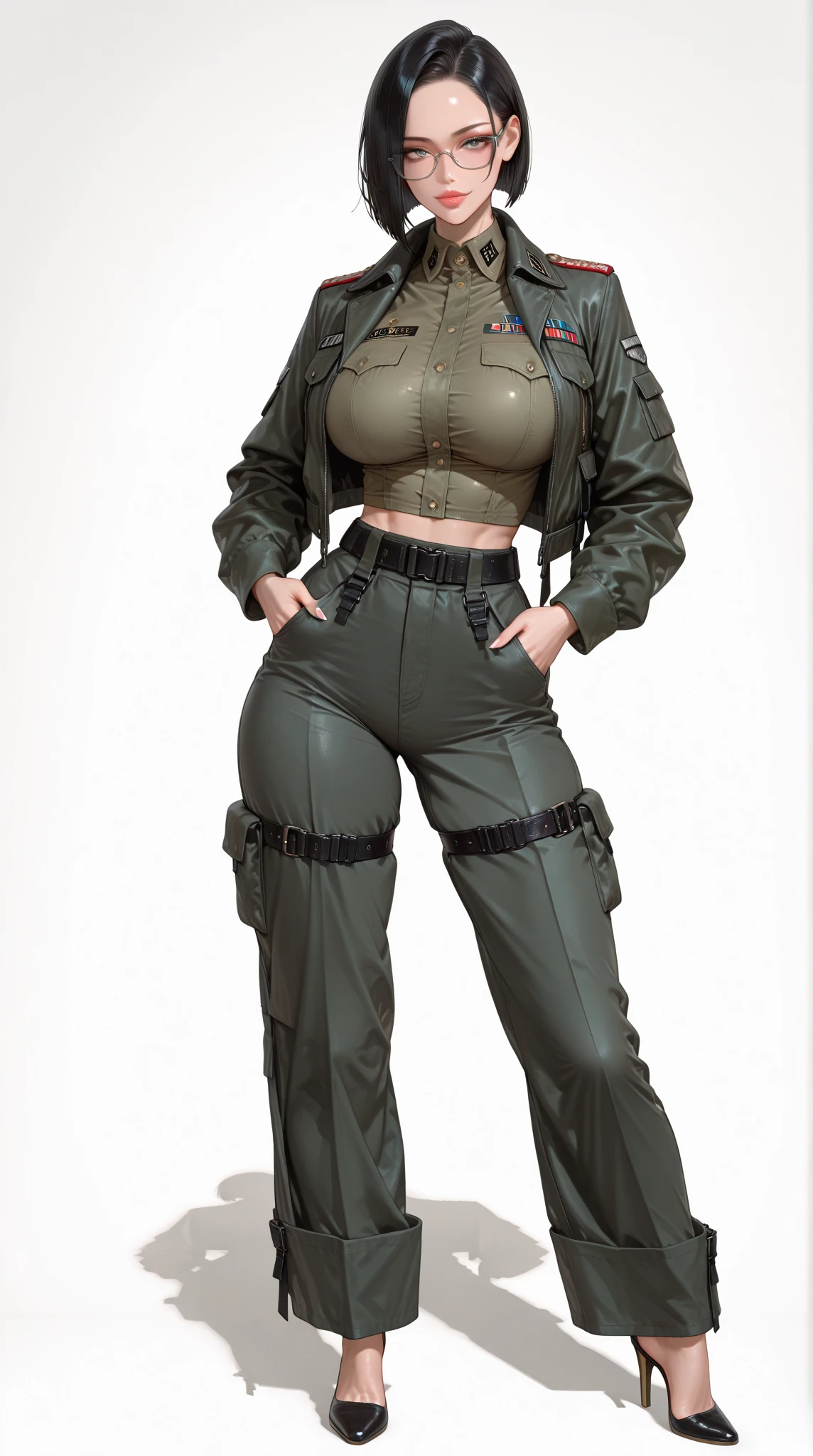 physically-based rendering, 1girl, Female soldier, (cleavage,huge fake breasts:1.3), pale skin, wet sexy muscular body, slim waist, (big buttocks:1.2), (Full body:1.5), army suit, Dark green military uniform.