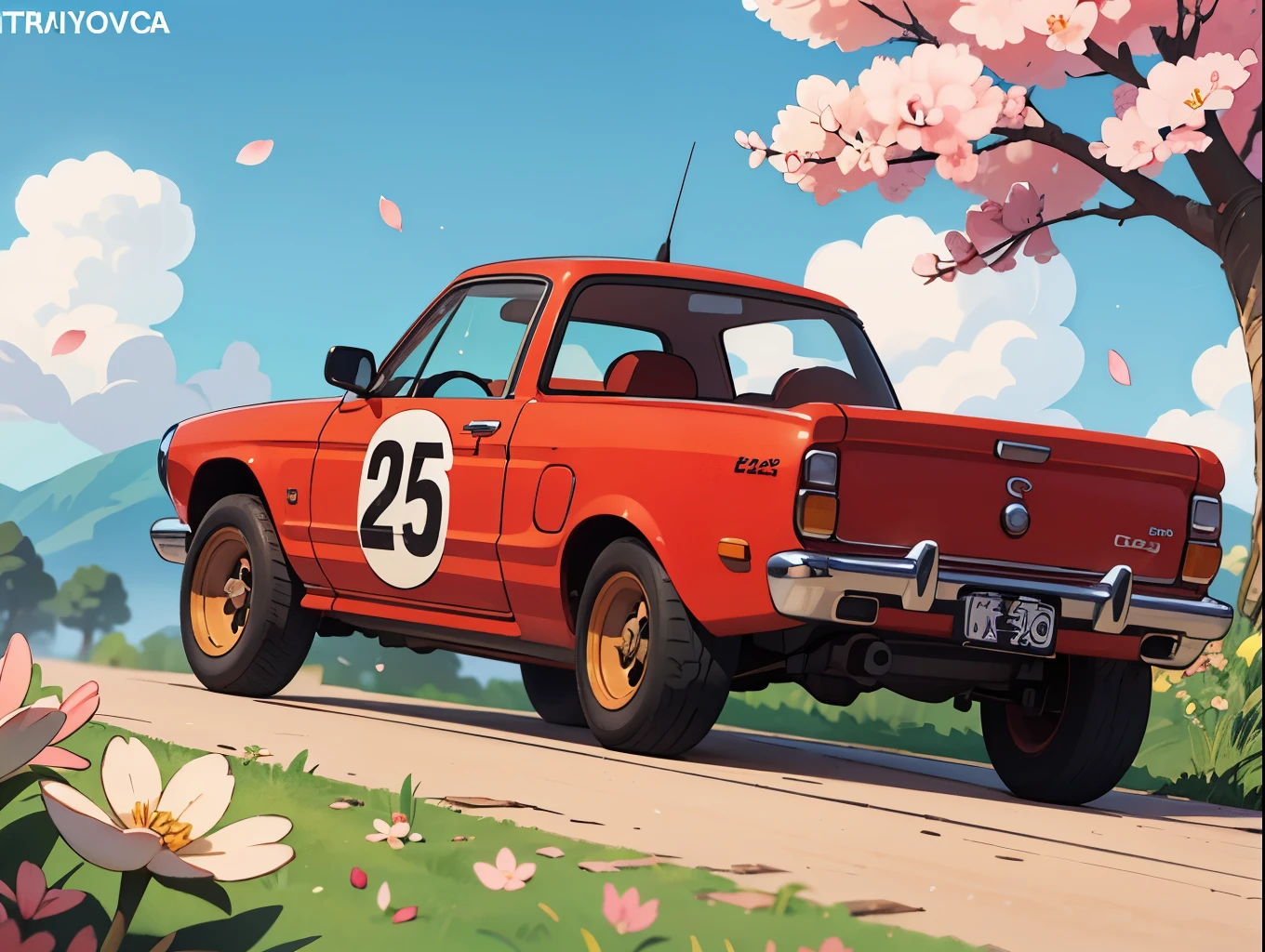 octa rendering、(Very Detailed, sharp:1.2),fisheye lens,countryside、 small old formula racing car made in Japan,Front spoiler,Rear wing, over fender,Sports Muffler,Very Beautiful Spring Scenery in Japan,cherry blossomsの木,cherry blossoms, petals,hair accessories, Dynamic driving experience,countrysideの通り,countrysideのライフスタイル,Fast and Agile,Agile handling,Do a four-wheel drift,ladyback letter sneakers, jacket,anatomically accurate,Laughter, dazzling light ,It will happen:1.2, Tamiya box art:1.5,tamya-boxart,