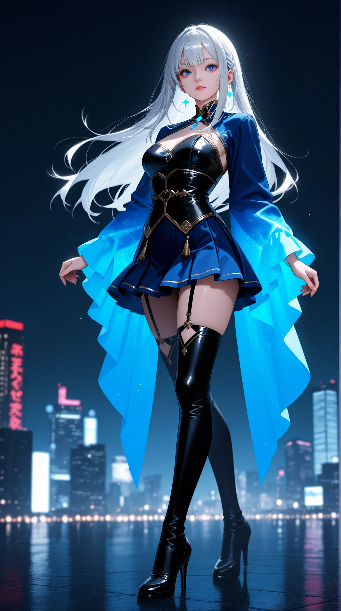 Girl, fair skin, long blue hair, sparks and stars in her hair, in silver underwear, standing on the roof, night city, hair merging with the sky, huge moon, full-length, standing sideways to the viewer, silver underwear, silver chains, holding stockings, black stockings, transparent underwear, armor in the form of underwear
