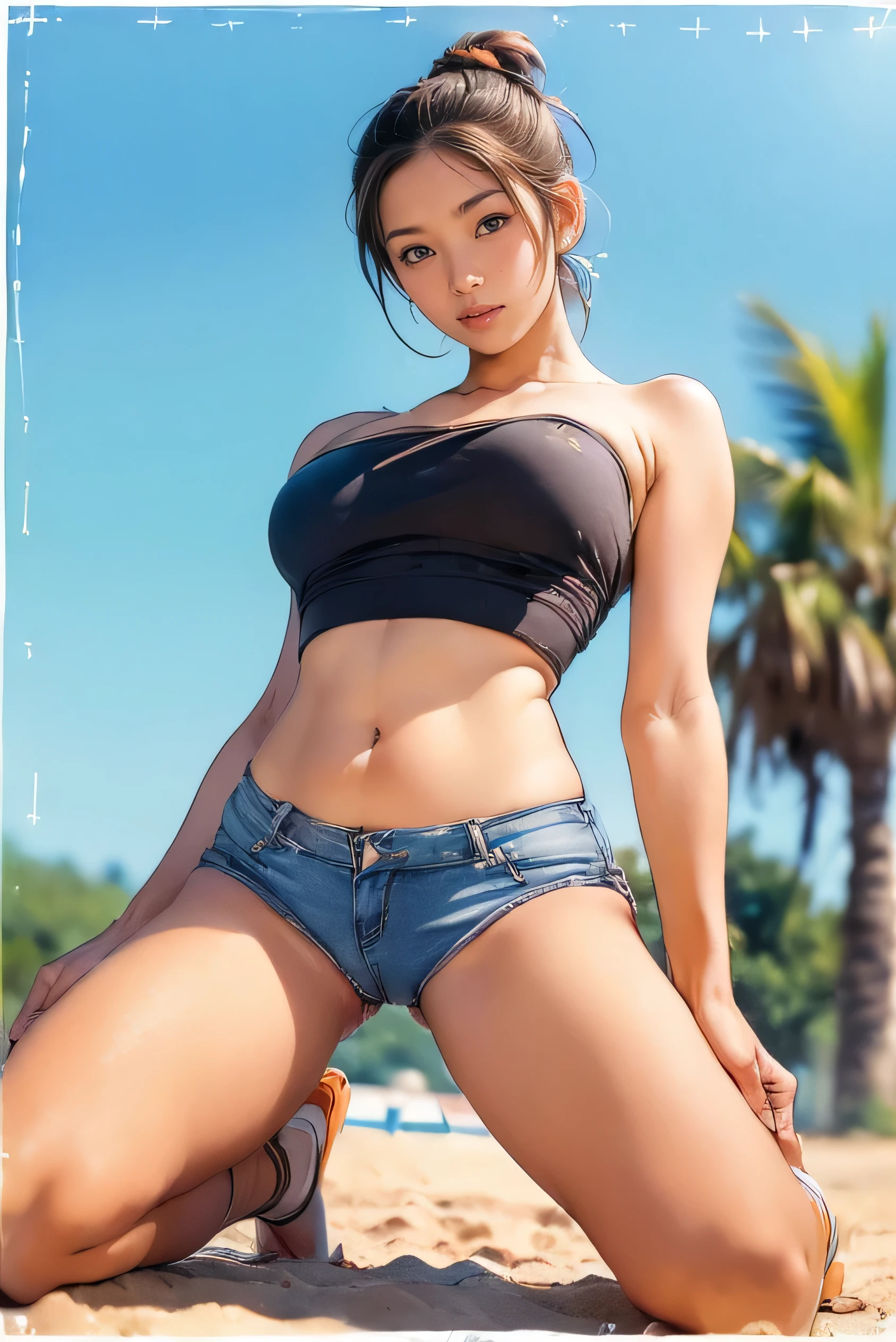 Beautiful blonde araffe woman on her knees hugging a giant sausage posing for photo, foco na bunda, looking behind, Trend in CGTacing:, pose atraente, salsicha gigante, hyper real render, Pose casual, bunda forte, Coxas Fortes, seios grandes, cintura fina, pele cara, gogo dancer, mini saia curta, realista, top e shorts curto streetwear, Loire, shorts curto, mini saia curta, mulher voluptuosa, sexy, Top e Shorts, shorts despojados, Ross Tran 8 K, Amouranth, Sorriso aberto, fundo em tons de cinza.