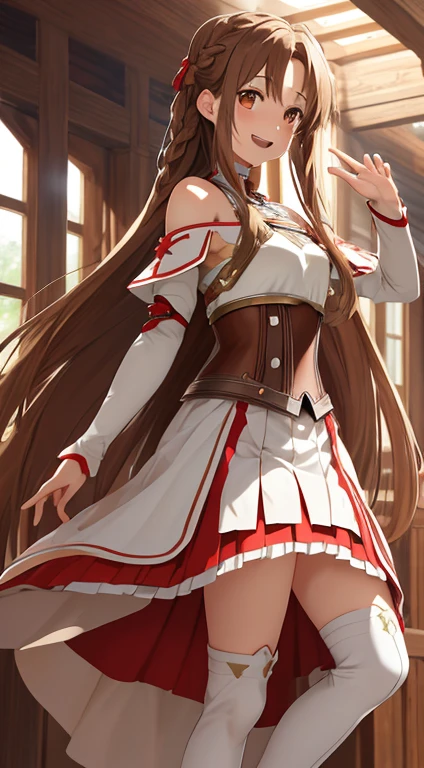masterpiece, Top quality ï¼Œ ï¼Œ 1 girl, arms, Solitary, length_hair, Chest当て,White_, Cleavage, , ventral_Tattoo, Brown_hair, Weaving, Knee socks,Brown_Eye, skirt,White_skirt, Black_Knee socks, Red_skirt, separate_Lips, 前hair, Chest, skirt, cowboy_shooting,