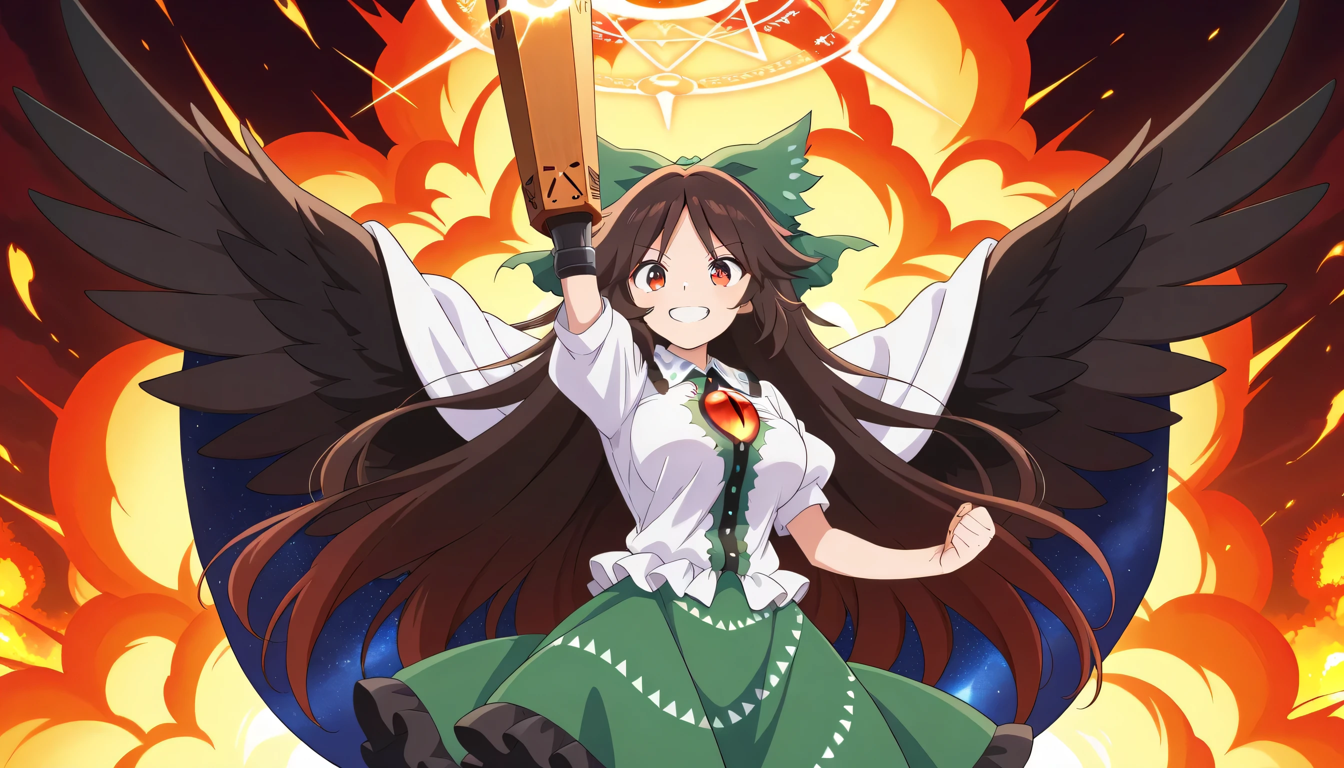 absurdres, highres, masterpiece, best quality, amazing quality, official anime artwork, screencap, anime screencap, dynamic pose,
reiuji utsuho, 1girl, solo, brown hair, green bow, hair bow, black wings, bird wings, third eye, medium large breasts,, arm cannon, green skirt, white cape, white shirt, puffy short sleeves, clenched hand, open mouth, buttons, grin, evil smile, energy ball, explosion, feathered wings, feathers, fire, frills, sun, weapon, magic circle, radiation symbol,