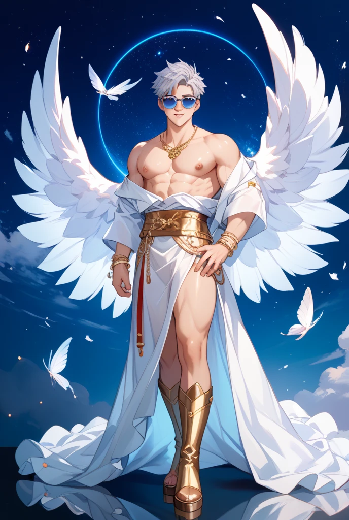 ((Masterpiece, Highest quality)), Male, boy, Detailed face, character design sheet， full bodyesbian, Full of details, frontal body view, back body view, Highly detailed, Depth, Many parts, angel wings, angel outfit, Muscle boy with blonde hair bangs，handsome man, male angel , man tall, abs, pectoral muscle