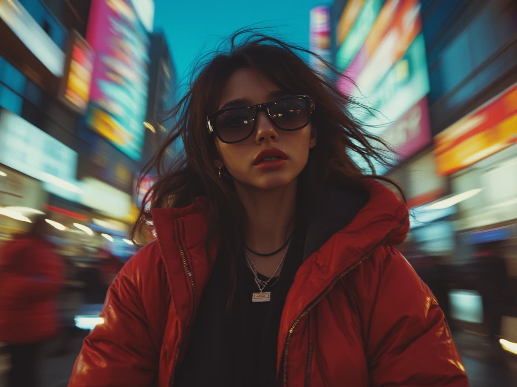 dramatic action scene, cinematic lighting, 8K, high resolution, photorealistic, studio lighting, physically-based rendering, extreme detail, professional, vivid color, street style clothing, cyberpunk clothes, woman,