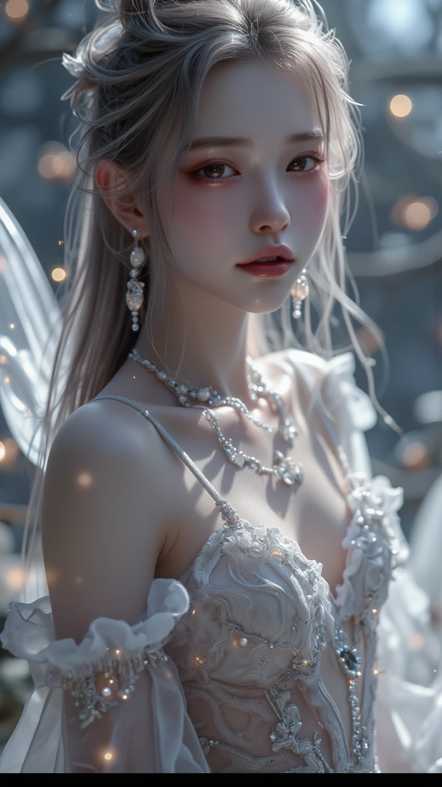 Black Background、Professional Lighting、(((Professional Lighting 1.5)))、Translucent skin texture、Clear Skin、Beautiful Skin、、Off the shoulder、White Dress、See-through、Ecstasy of Musical Notes、(((Sex appeal 1.3)))、(((Mature Female 1.5)))、Silver Hair、