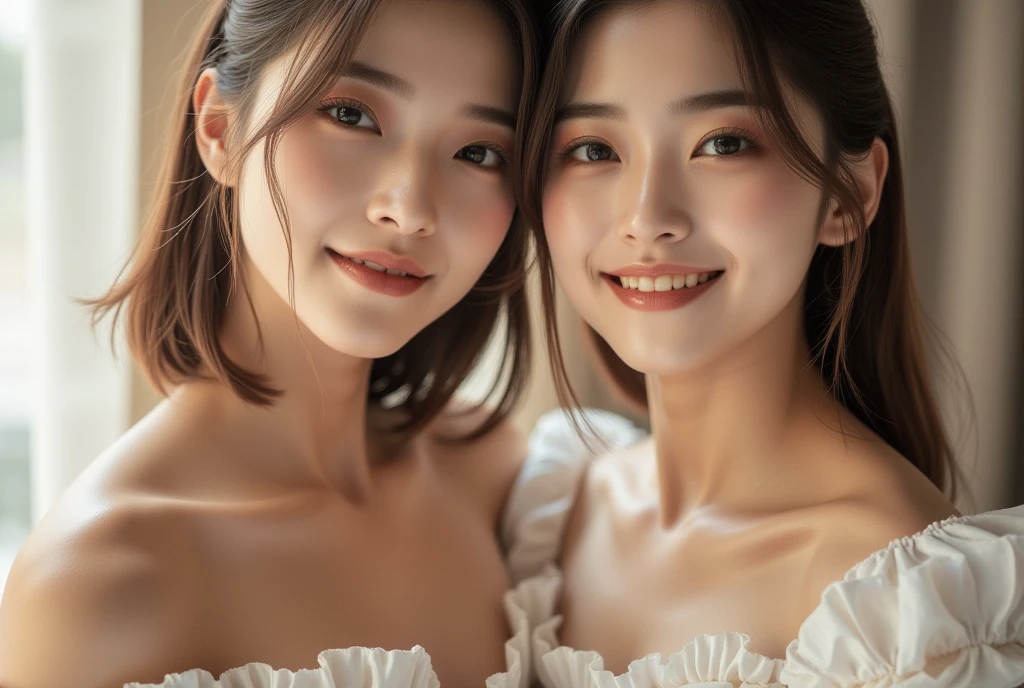 ((masterpiece、Hugging each other naked、Hugging face to face naked、30-years old、Hugging each other's cheeks、Two beautiful girls、Detailed eye、Shorthair with bangs、shorth hair、neck long、Put your ears out))、big eye、Distinct double eyelids、((top-quality, 超A high resolution、stares at the camera、Light brown eyes、big eye、Clean collarbone、glowy skin、Straighten your back、The face of the golden ratio、a small face)), (Realisticity: 1.4), OriginalPhotographs, 2girls,cinematlic lighting、japanes、Asian Beauty、Korea person、Super beauty、Realistic skin type、(((clean very large breasts、A slender、long neck、The body is facing forward、lipgloss、Highlights in the eyes、thin lips、smiling slightly、Closing mouth and smiling happily)))、(A hyper-realistic)、(hight resolution)、(8K picture quality)、(ighly detailed)、(Best Illustration)、(beautifully detailed eyes)、(ultra-detailliert)、A detailed face、looking at viewert、Facing straight ahead、neat and clean clothes、sleeve less、short-hair、Black-haired、46-point diagonal bangs、Background is really nothing but pure white background、neat atmosphere、Smile happily、Two happy people
