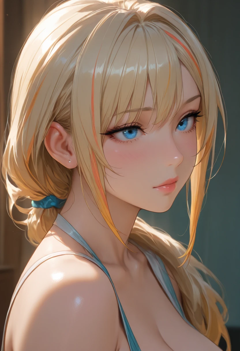 from the side,(Scenes,Fantasy Art,Highest image quality,Surreal主义肖像,(8k),Surreal,best quality,high quality,HD,High quality textures,High Detail,Beautiful and detailed,fine,Extremely detailed CG,Detailed texture,True representation of the face,On the table,present,Dynamic,bold),1 GIL,Ultra-delicate skin,curve,,Beautiful breasts,Huge Breasts,Pale skin,Pointed chest,stand erect,Ponytail,(Very thin hair),(Super soft hair),(super straight hair),Sweep long bangs,very light copper amber hair,Hair covering one eye,Sportswear