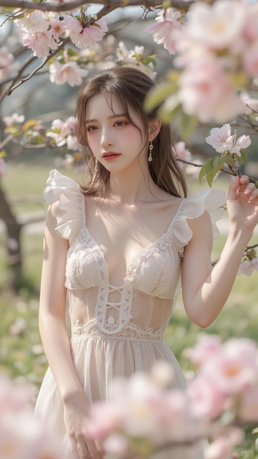 (masterpiece:1.3),(best quality:1.4),(ultra-detailed:1.1),(detailed light:1.1),(RAW photo:1.2),(photorealistic:1.4),
nsfw,1girl,solo,long hair,flower,hair ornament,brown hair,bare shoulders,ponytail,earrings,bare legs,jewelry,petals,lingerie,see-through,short dress,bare shoulders,breasts,bare arms,black thongs,falling petals,
glass texture,spectral light,transparent glass texture,rainbow color,high detail luminescence,
<lora:S-shape_body:1.5>,<lora:add_detail:0.8>,<lora:Lingerie:0.9>,<lora:GlassQ:1>,