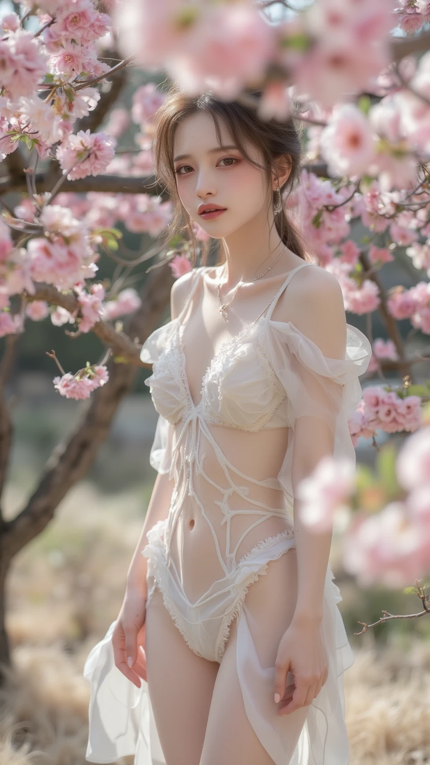(msterpiece:1.3), (8k, RAW photo, best quality: 1.4), beautiful face, beautiful hairstyle, beautiful detailed eyes, beautiful skin, absurdres, attractive, ultra high res, highly detailed,NSFW, 1 girl in abandoned underground basement, big breast,facial close up,necklace,arms behind back,evil smile,knife,light long hair, ultra detailed skin,Heavy makeup, flower hairpin, naked,colorful patterned lace dress, dirty ground,on a rock,bondage,dirty rock,half body,spread legs, exposed pussy,