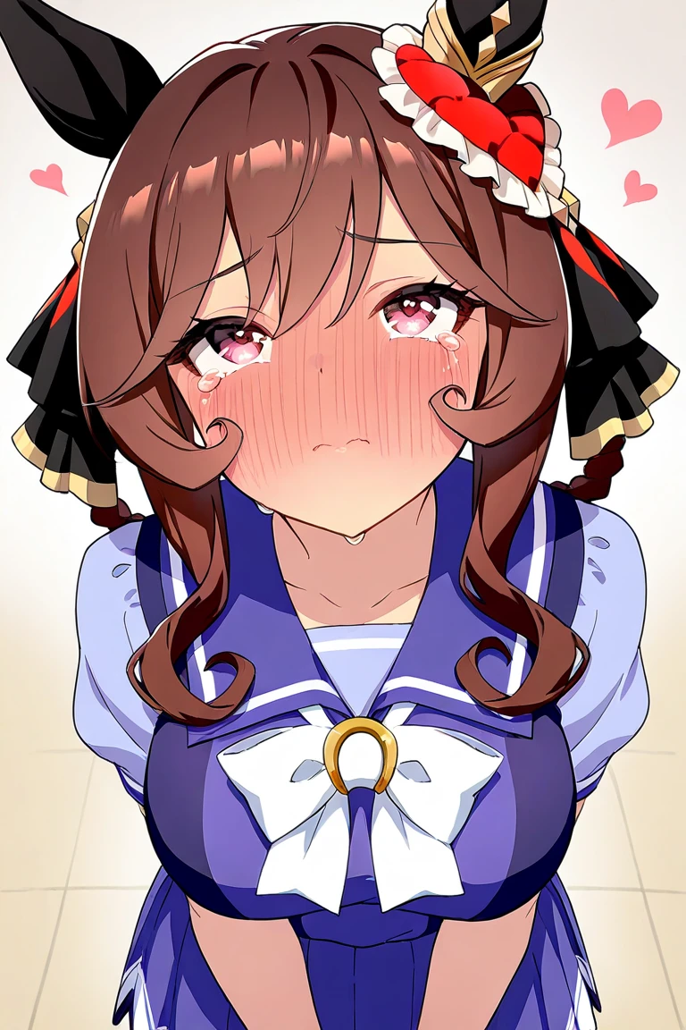 masterpiece, best quality, highres, chl1, 1girl, braided_ponytail, (ahoge:1.1), dress, school uniform, white dress, collared dress, collarbone, eyelashes, short sleeves, neck tassel, <lora:chloe_(pokemon)_v5:0.6>, (sweaty body:1.3), seductive, steaming body, hotel room, dimly lit room, night, nsfw, wet clothes, looking at the viewer, frontal view, steaming background, <lora:felges1-000024:1>, fellatio gesture, tongue out, close up