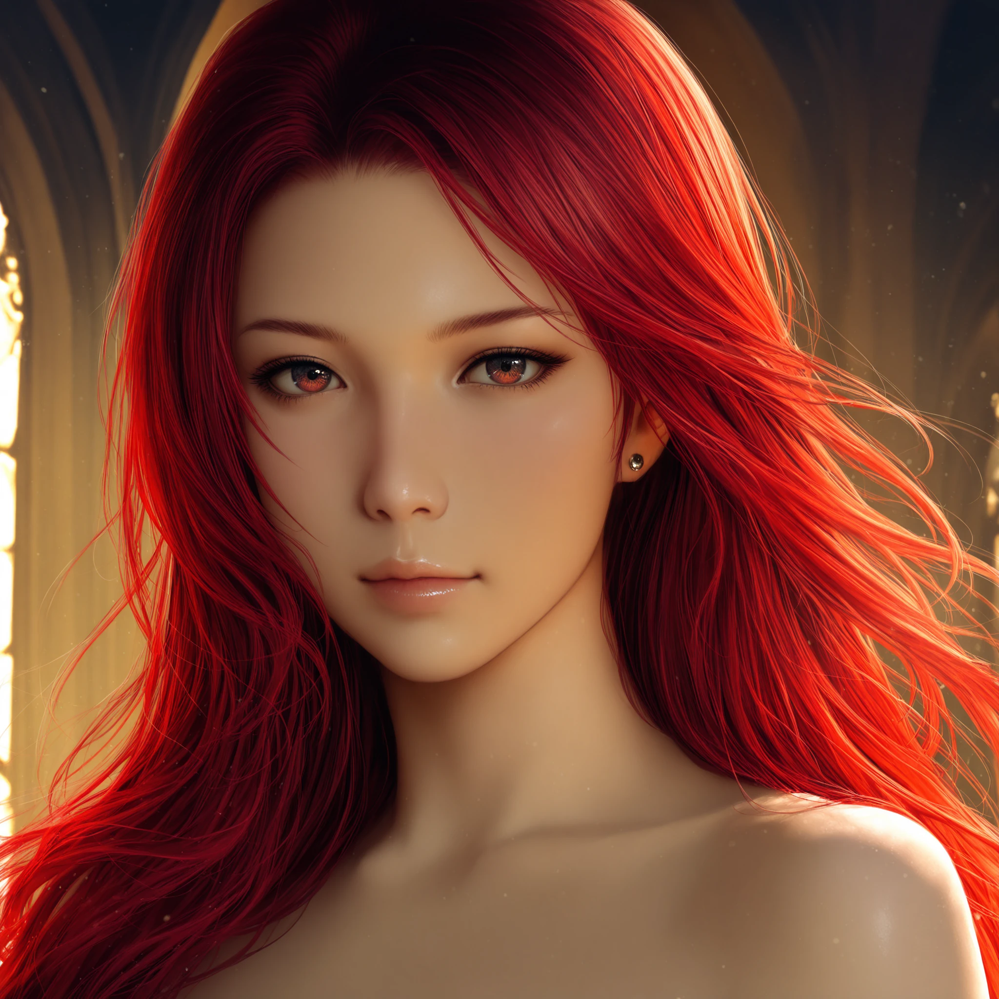 (masterpiece:1.3), (8k, Realistic, RAW Photos, highest quality: 1.4), (One girl), Beautiful Face, (Realistic Face), (Red hair, Long Hair:1.3), Beautiful hairstyle, Realistic eyes, Beautiful fine details, (Realistic Skin), Beautiful Skin, Absurd, Big Breasts、Cleavage、Thighs、Charm, Ultra-high resolution, Ultra-realistic, Very detailed, Golden Ratio