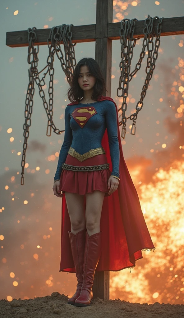 highest quality,masterpiece,UHD, Super detailed, 8K,(Beautiful woman),(一人のBeautiful woman),((crucifixion:1.5)),((cross)),(execution),((incontinence)),scared,torture,slave,((crossにcrucifixionにされた女性:1.5)),crucifixion刑,((supergirl)),blue suit,Superman logo on chest,red skirt,((torn costume:1.5)),((Tearing of clothes:1.5)),(tattered clothes),((bruises on body)),scars on body,injured face and body,(Bruise, dirty, torn clothes, revealing clothes, Blood:1.3),traces of being beaten,Defeated heroine,a devastated world,ruins,abandoned building,(burning at the stake),((roasted over fire:1.2))