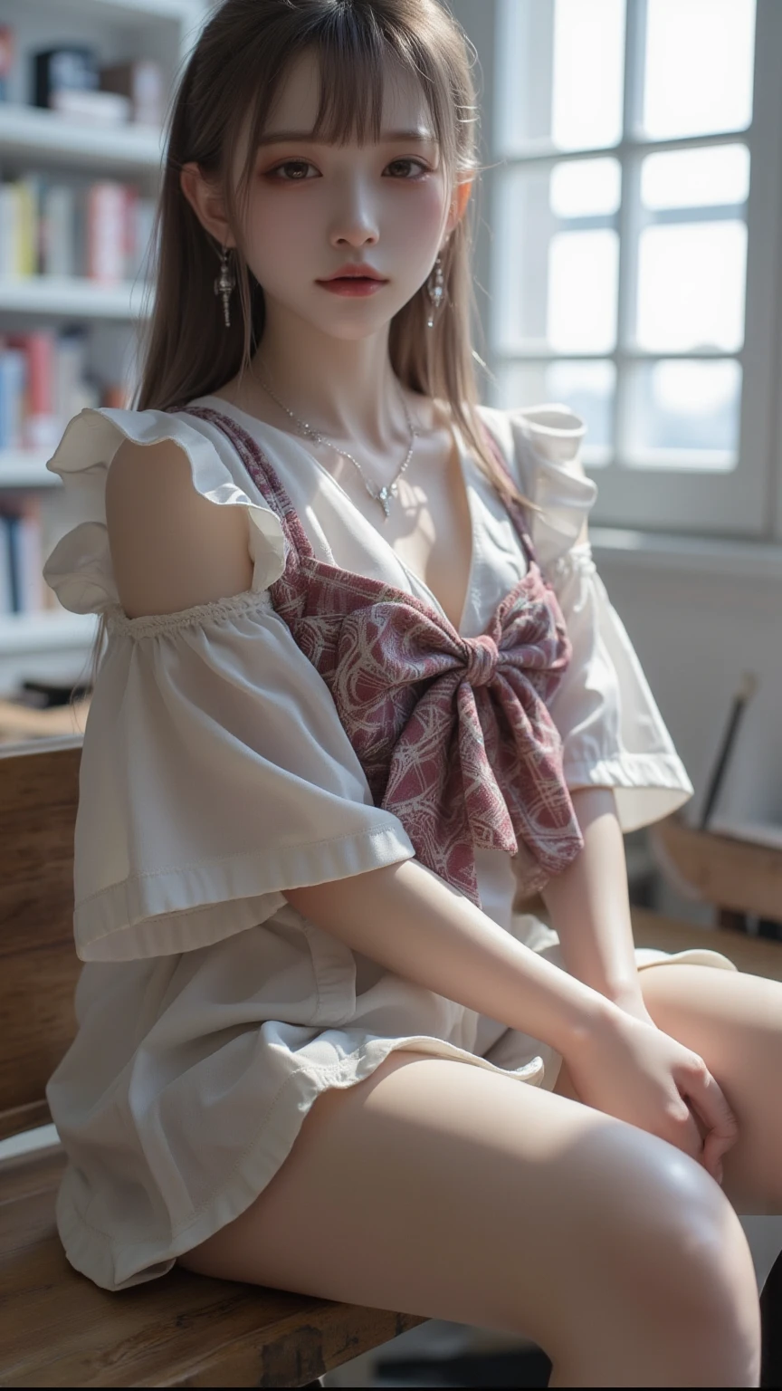 extremely highly detailed、masterpiece、Top Quality、超High Resolution A、8K high-definition、Photogenic clarity、A detailed eye、gradation、perfect anatomy body proportions ,hard disk、NFSW (english) (english) (english) ,nikon z9 80mm lens , masutepiece、Model Standing、Light pink panties made of lace material、off shoulder、The dress is made of pastel colour lace material(((Show me all the panties)))、(((The skirt is definitely worn)))、(((Lift skirt hem)))、panties focus、Natural light that is too bright、sunshine、Detail lace panty pattern、Ordinary panties、(((While standing, Lift the skirt and show the panties to the camera)))、(((Beautiful alignment)))、(((Lift your skirt big and big,、Show your panties to the camera)))、Ultra Slim Body, The body shape of a slender model、Beautiful posture, ((Inside the library)),shoot from below,
