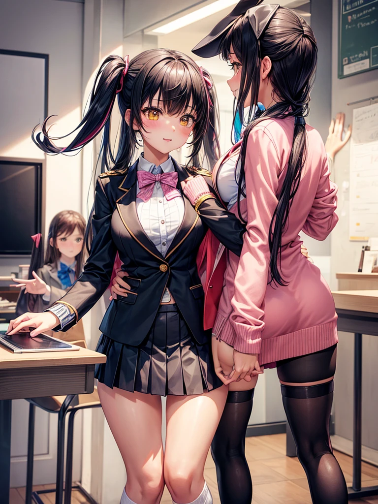 ((Top Quality, 8k, Masterpiece: 1.3)), little girl, uniform, dark blue skirt, ultra-detailed face, detailed lips, detailed eyes, double eyelids, slender figure, white shirt, wet shirt, empty classroom, playful, shiny black pantyhose, exposed breasts, exposed ass, high heels with ankle strap, detailed eyes, leggings, kissing each other, 4K high resolution