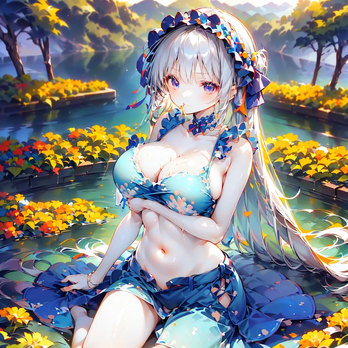 ((Highest quality、High resolution))、Beautiful woman、Perfect body、Beautiful and bountiful breasts、(tits、Nipples、Pussy、Love juice、No panties)、long blond、bangs、Blue and white、Embellished blue sexy dress、skirt、(((Abandoned、Covered in semen、A woman who was raped、Lying)))、Outdoor Scenery