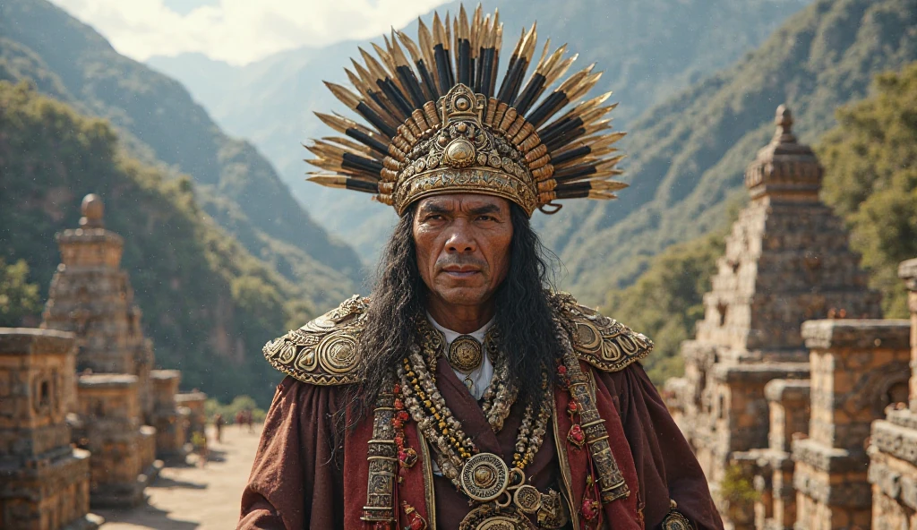 Create an image of an indigenous chief, 40 years old, high, thin and strong, dark brown skin, short hair with some gray, that he is wearing a feather crown and has a spear in his hand, that appears in front of and next to him 6 beautiful indigenous women from various countries