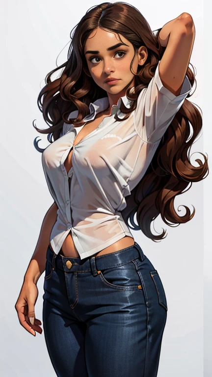 Wonder woman, sweaty, transparent blouse, blouse clinging to her body, arms raised behind her head