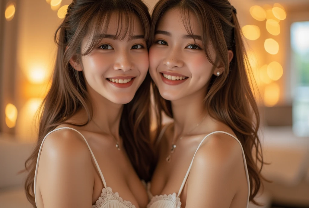 (realistic、masterpiece、Best Quality、8K、highres、high resolution:1.3)、((2 girls:1.3))、smile, twin sisters , Huge breasts、white bikini、pale white skin、looking at viewers、super fine face and eyes、long hair、indoor、 upper body、