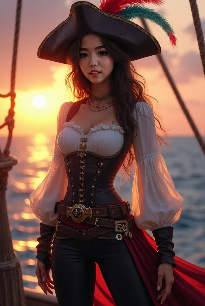 Girl with an Enchanting Pirate Ensemble:
This image showcases a captivating young woman clad in a pirate outfit, complete with a striking black pirate hat adorned with a golden pirate logo. Her Oriental features, characterized by delicate almond-shaped eyes and a lovely smile, add to her allure. The outfit itself is a masterpiece, showcasing a harmonious mix of red, black, and white colors. The details are exquisite, with high-quality materials used for an upscale look. The image is presented in 4K resolution with HDR, ensuring every nuance of her attire is vividly depicted, from the intricate stitching on her