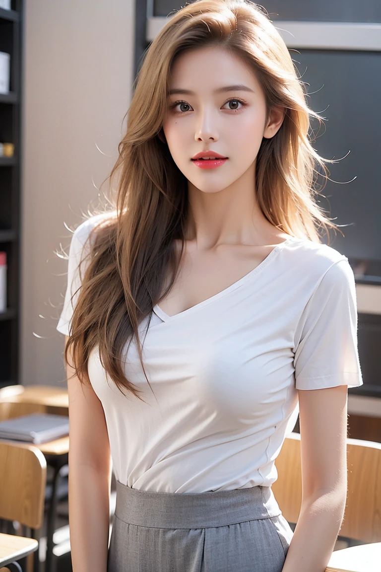 (8k, RAW photo, best quality, masterpiece), (realistic, photo realistic), UHD, extremely detailed CG unity 8k wallpaper, sharp focus, (real_skin, oily skin), perfect anatomy, slender, (cinematic lighting),
BREAK
1girl, raw photo, ameriacn idol, ameriacn cute girl, Smile, Big breasts, blond hair, absurdly_long_hair, stylish face, Eyelashes, long_eyes, long_eyelashes, long_eyebrow, black_eyes, sexy_lips, red_lips, (Long sleeve t-shirt, coquette aesthetic top, pleated mini skirt)