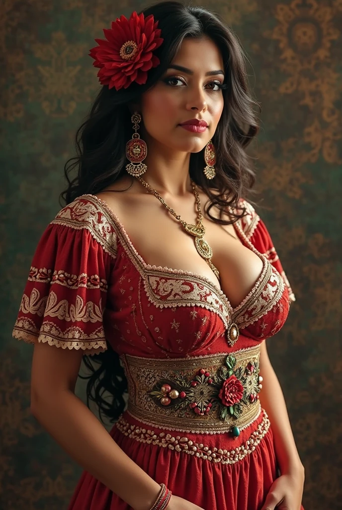 Facial perfect,the red lips,the blue eyes,body perfect, perfect big breasts, perfect muscular body, woman with perfect hair, long dark brown curly hair with very long dark brown curly hair, super long dark brown curly hair with very super long dark brown curly hair, wearing Native American Tribe Costume with Native American Hat,full body costume,realisian proportions, good proportions 
