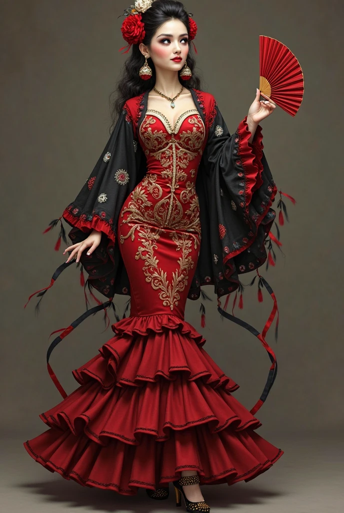 Create an image of a female character inspired by Spanish flamenco dancing, dressed in an elegant flamenco dress. Character should be depicted as romaní beaytiful woman. Their eyes should be large and pearl gray.., with an enigmatic glow. Hair, long and wavy, It should be collected in a low bun decorated with red and white flowers... The flamenco dress should be deep red with curly ruffles that add movement when dancing... The bodice of the dress should be decorated with gold embroidery imitating intricate patterns.., with white details evoking ancient masks. Includes a black shawl with red and silver embroidery, with small details in the form of leaves. Earrings should be large and fan-shaped with red details.., y los zapatos deben ser de charol negro con tacones de madera y bordados dorados Character must hold a red fan with gold details that reveal a striped pattern, and wear a red flower in your hair. Character'Your posture and attitude should be elegant and determined.., that reflects a combination of strength and beauty