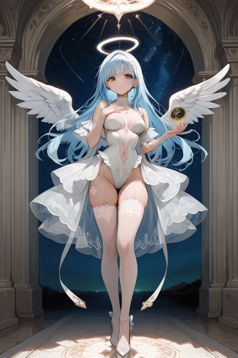 masterpiece, best quality, ultra -detailed, finely detail, White girl, angel, white hair, blue eyes, sexy, sexy pose, white dress, half body, long hair, fringe, black dress, black shoes, acessories, wings on the back