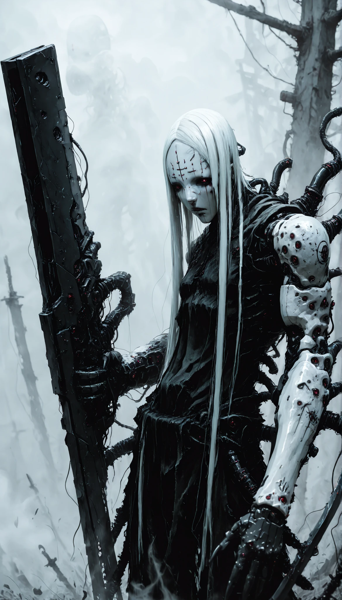 capa negra, white hair, forehead tattoo ,murderer, cyborg,fog,Shady,mysterious,terrific,horror,raw,plasma cannon on his right arm,Wait for blue energy,Blades in the hands