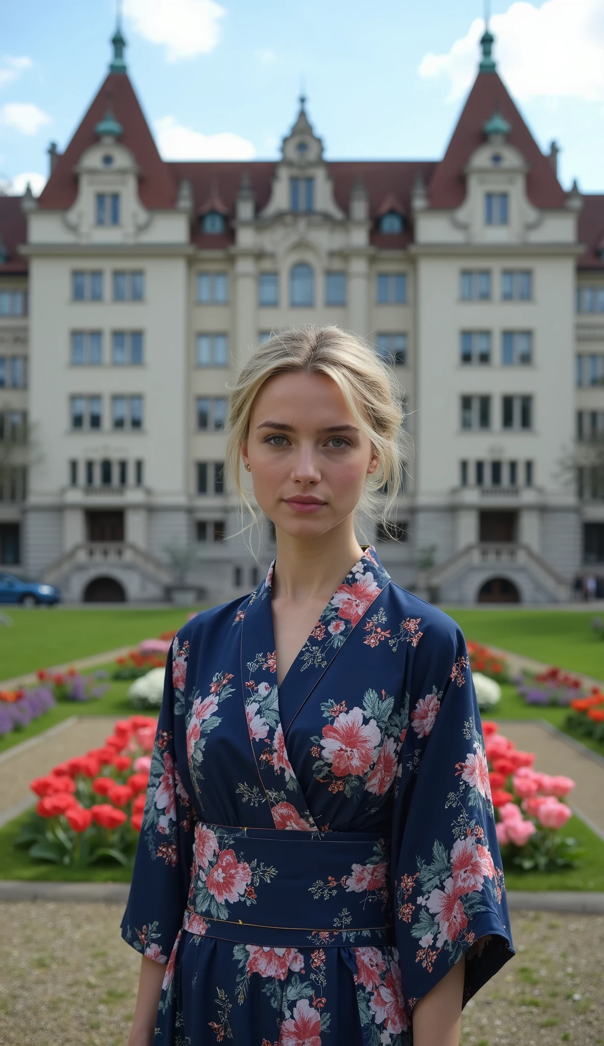 What I'm imagining is、What I'm imagining is、Zurich cityscape、Impression of a government building in the center of the city、Riverside、Blonde 20-year-old woman in a dark blue floral kimono、Face Details、(full body high resolution photo)、A spectacular and dramatic style、Flower bed in front of the bank、Gentle seven-colored flowers、Premium quality environment、Spectacular architectural view、Sturdy buildings take center stage。
