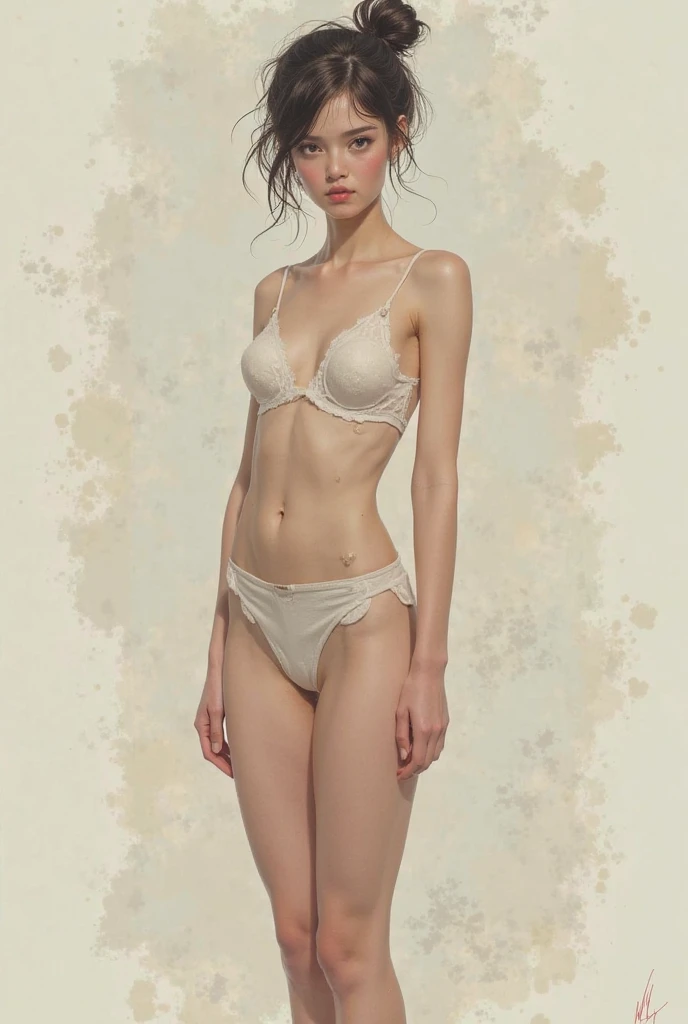 granny woman, 57 years old, very very skinny, nationality of Mexican, With wrinkles, housewife, in transparent white underwear, small panties and bra, With wrinkles de la edad, Long brown liso hair, full body, very very skinny, head on, with magnifying lenses, medio cuerpo