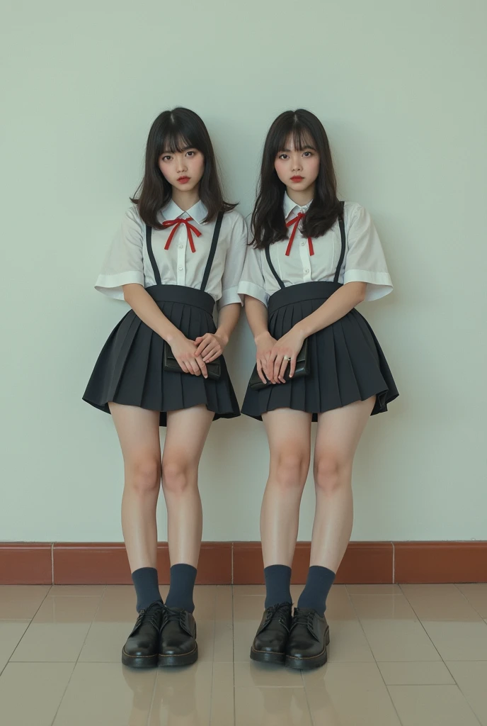 masterpiece, top quality, full body, bangs, black choker, 2girls, lily, lesbian kiss, kiss, (black hair), long hair, hug, cleavage, bountiful breasts, gym clothes, navy blue bloomers, slim, see-through, micro mini skirt, pleated skirt,