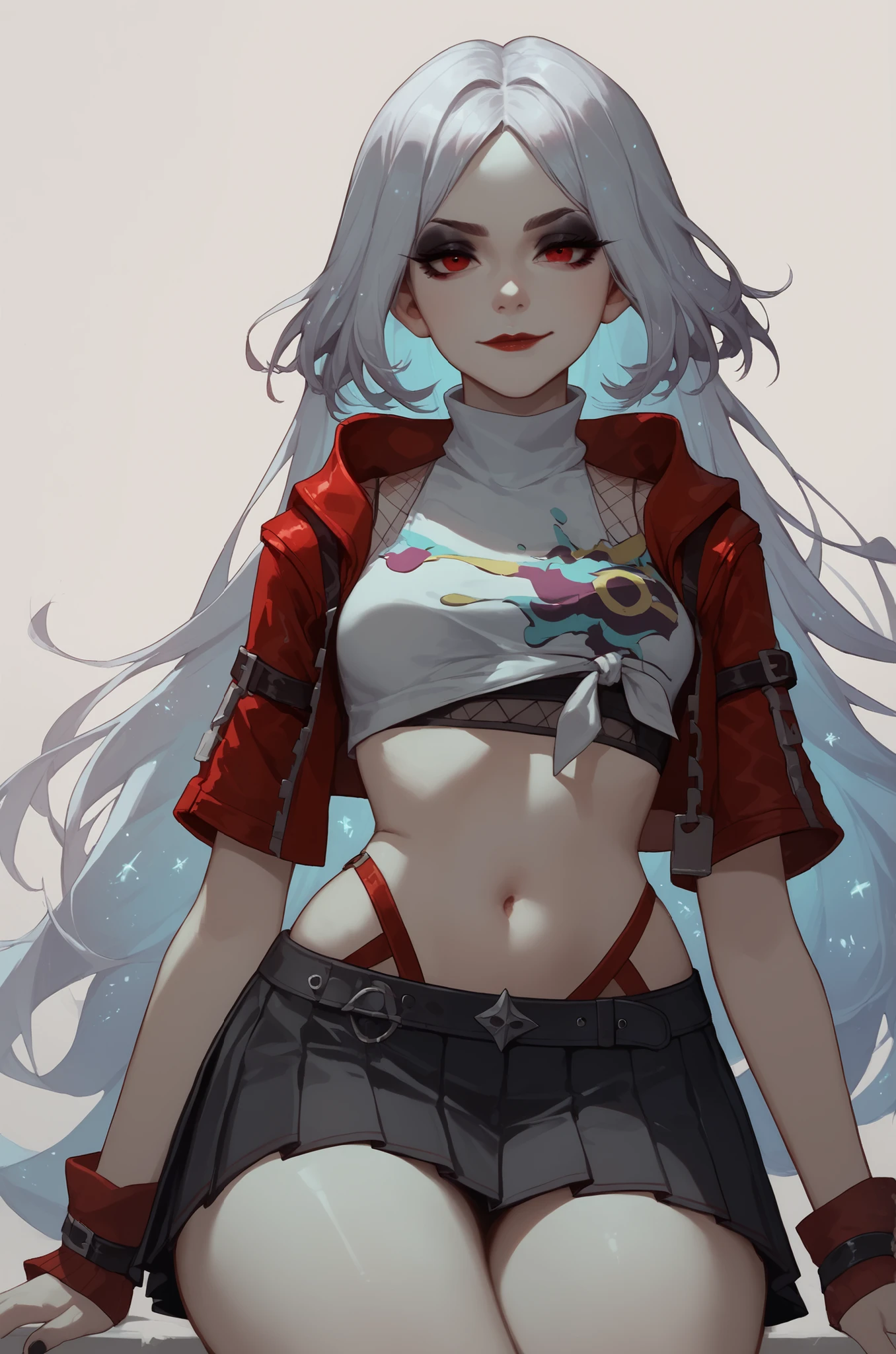 score_9, score_8_up, score_7_up, 1girl, pale skin, goth girl, seductive look, eyeliner, eyeshadow, red eyes, red lips, closed mouth, smirk, silver hair, long hair, straight hair, crop leather jacket, crop top, pleated skirt, black skirt, wide hips, thighs, green magic, translucent, ethereal, front view, simple background, (Vixons Style)